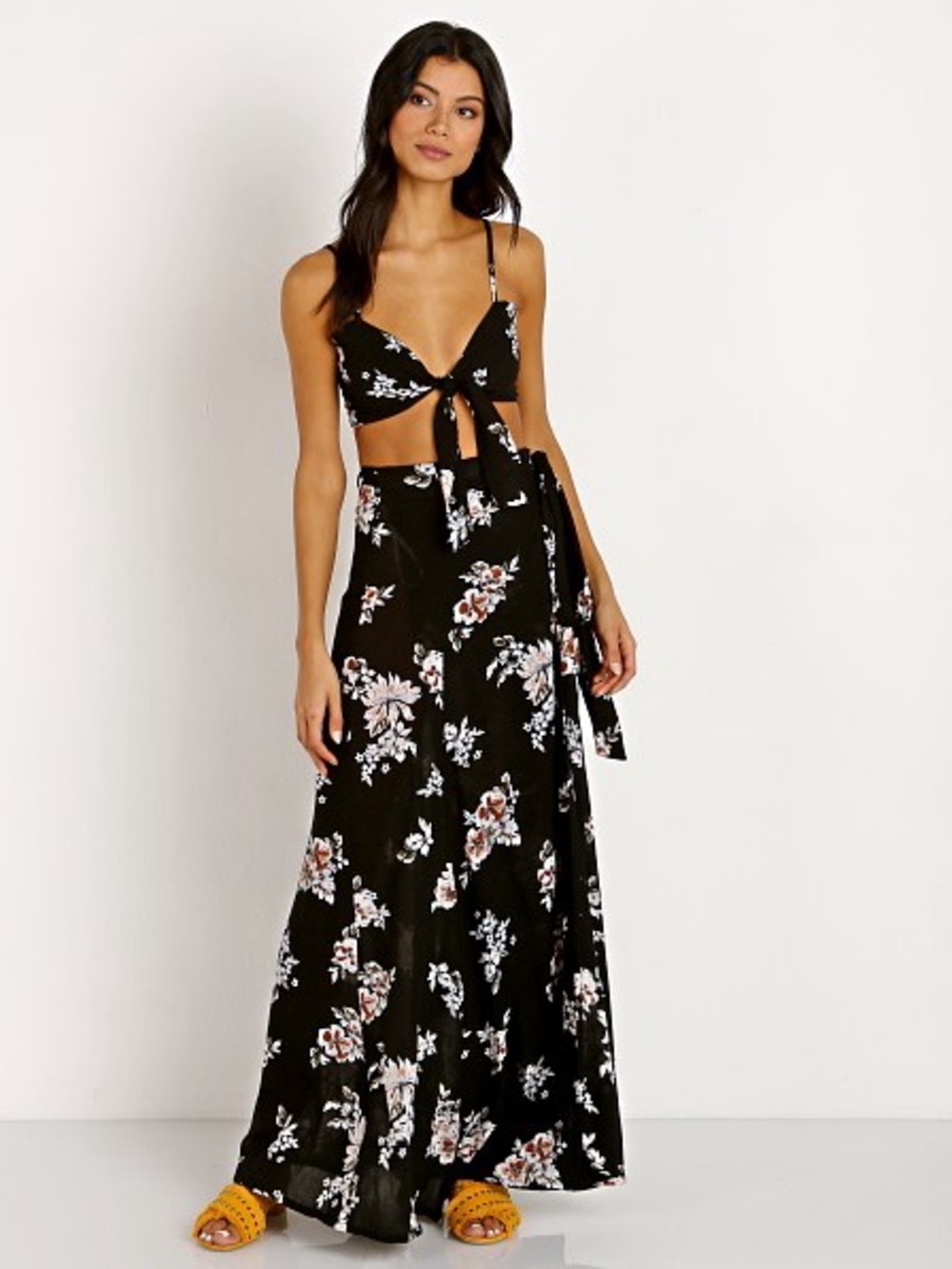 Faithfull the Brand Black Floral Tie-Front top & Maxi skirt set